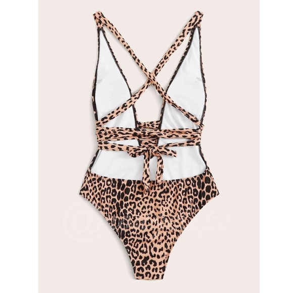 Cheetah Print Deep V Tie Detail One Piece Swimsuit Beige Black Strappy - Picture 3 of 7